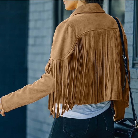 Brown Fringe Faux Suede Leather Cowboy Style Long Sleeve Coat - Picture 2 of 14